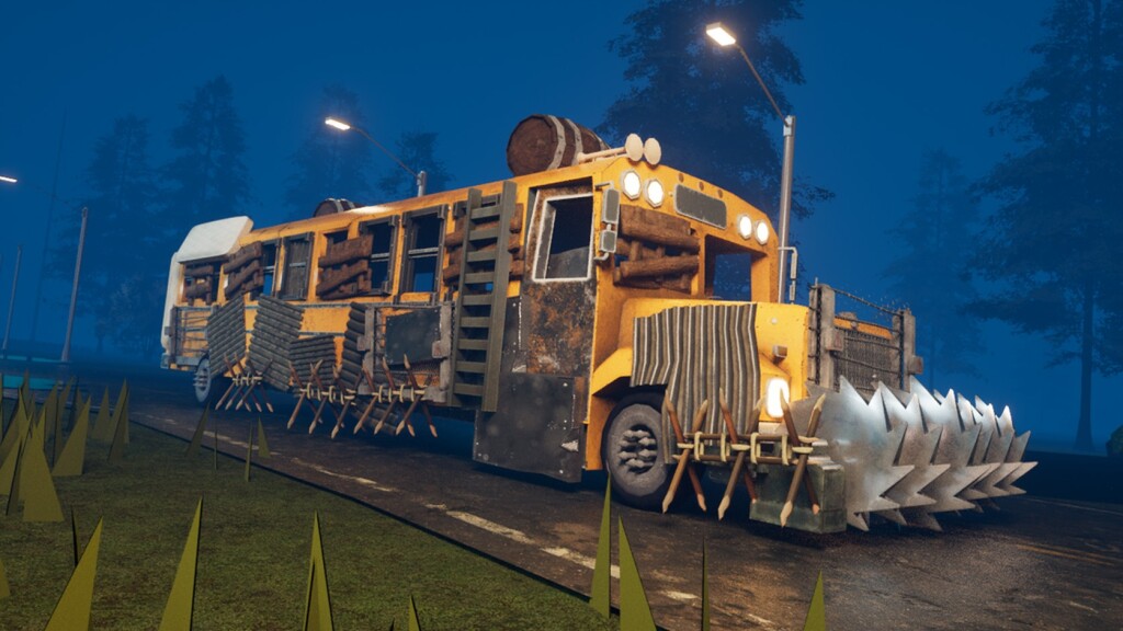 The armored yellow school bus stopped on a dark night road in Last Stop